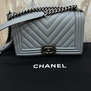 RARE Chanel Boy Bag Grey Gray Chevron Caviar Leather Medium Holiday Gift